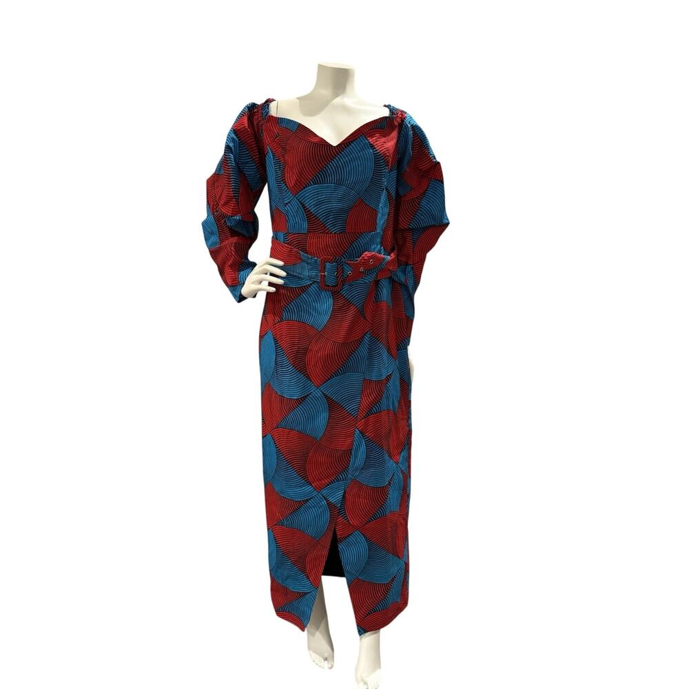 NWT OFUURE Sz Large Bold Dress 100% Cotton Geometric Print Blue Red Belted